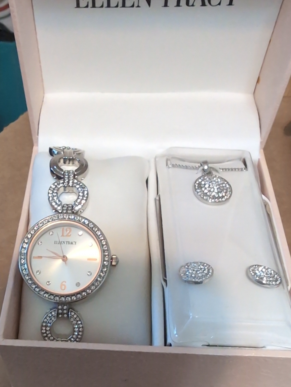 Ellen Tracy Silver Crystal Accent Watch and Jewelry Set